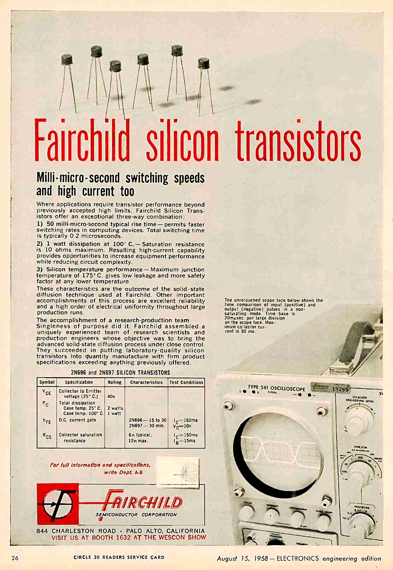 Реклама Fairchild, журнал Electronics, 1958