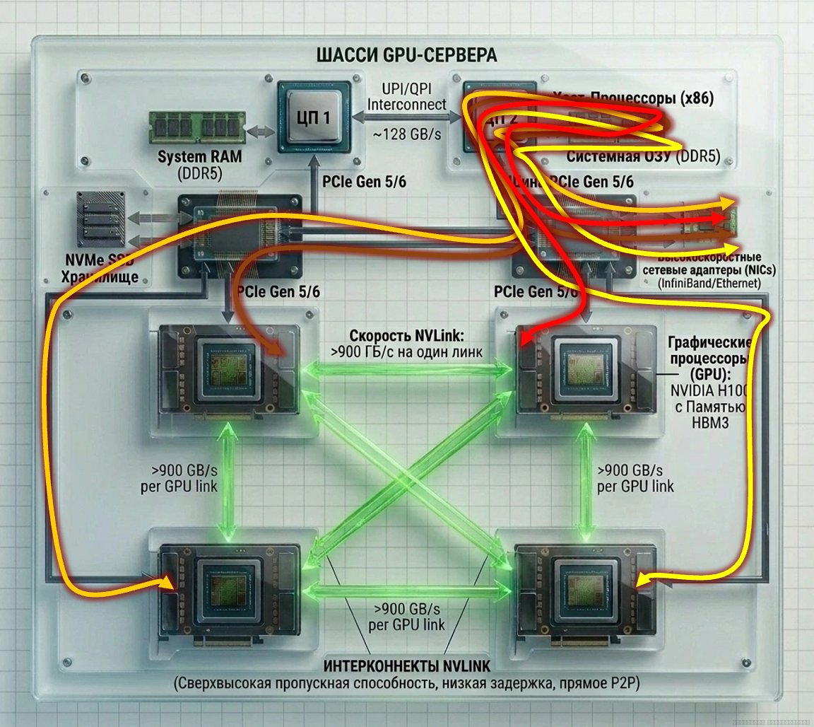 Путь трафика от GPU в кластер за пределы сервера через PCIe